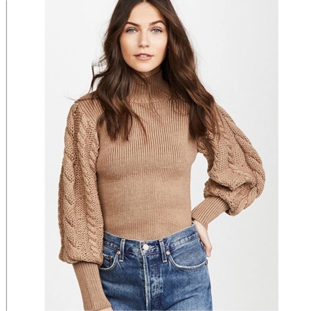 Like New Caroline Constas Wool Sweater Cable Knit 100% Merino Wool Tan Brown XS